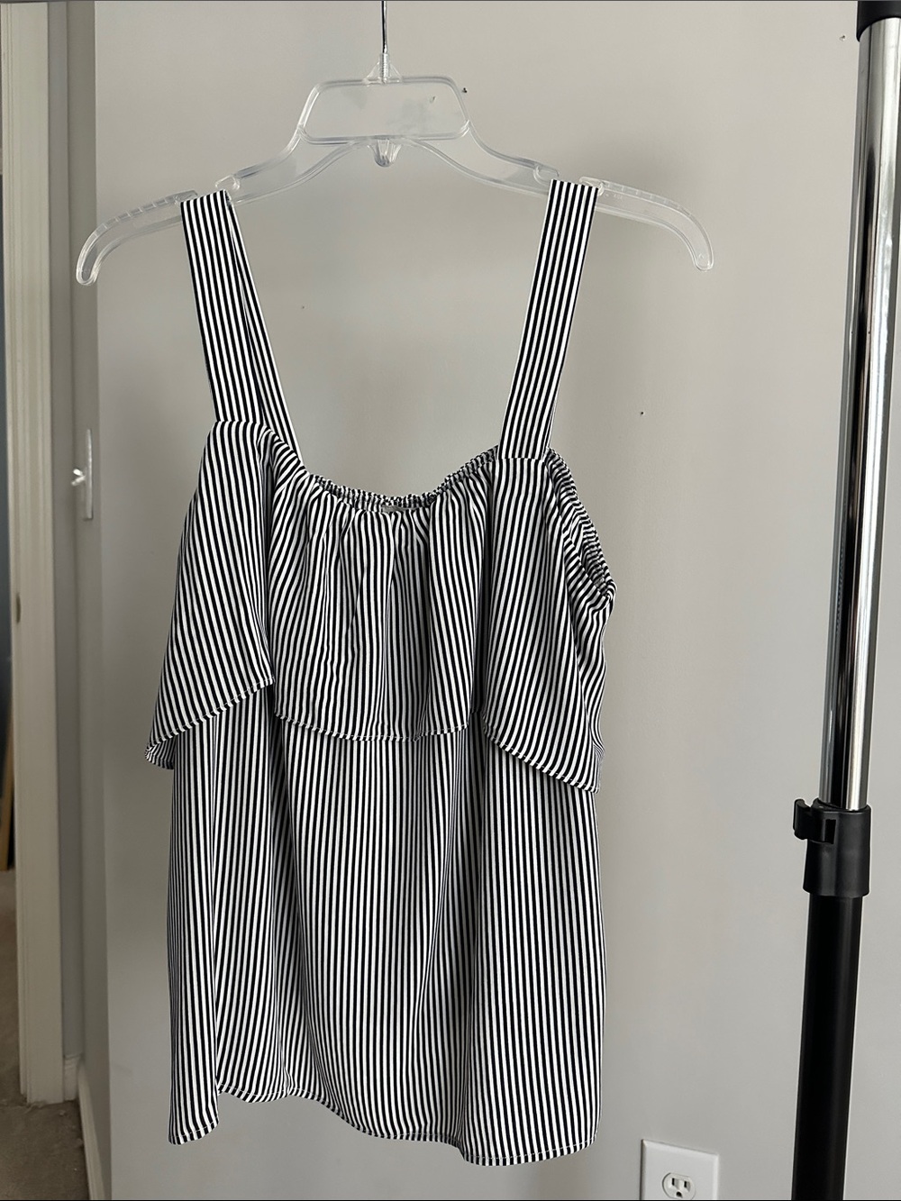 LOFT Black and White Striped Ruffle Camisole